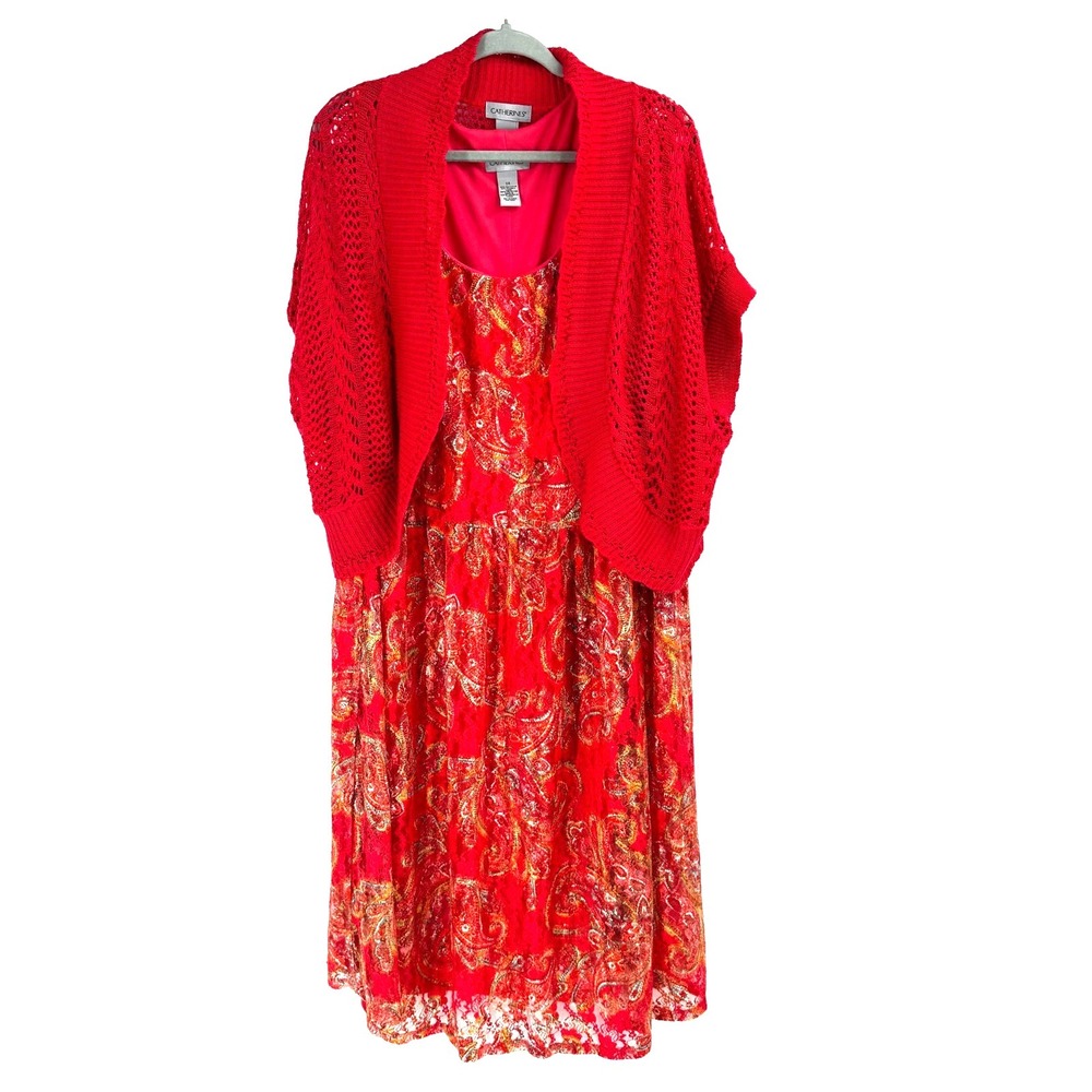 Catherines Paisley Lace Sleeveless Midi Dress Women's 2X Orange Crochet Cardigan